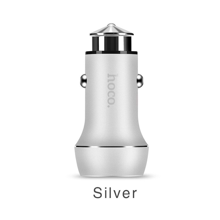 HOCO Car Charger Dual USB Port for iPhone iPad Samsung Xiaomi Phone Charging Adapter 2.4A Car-charger Universal Double Slot: silver