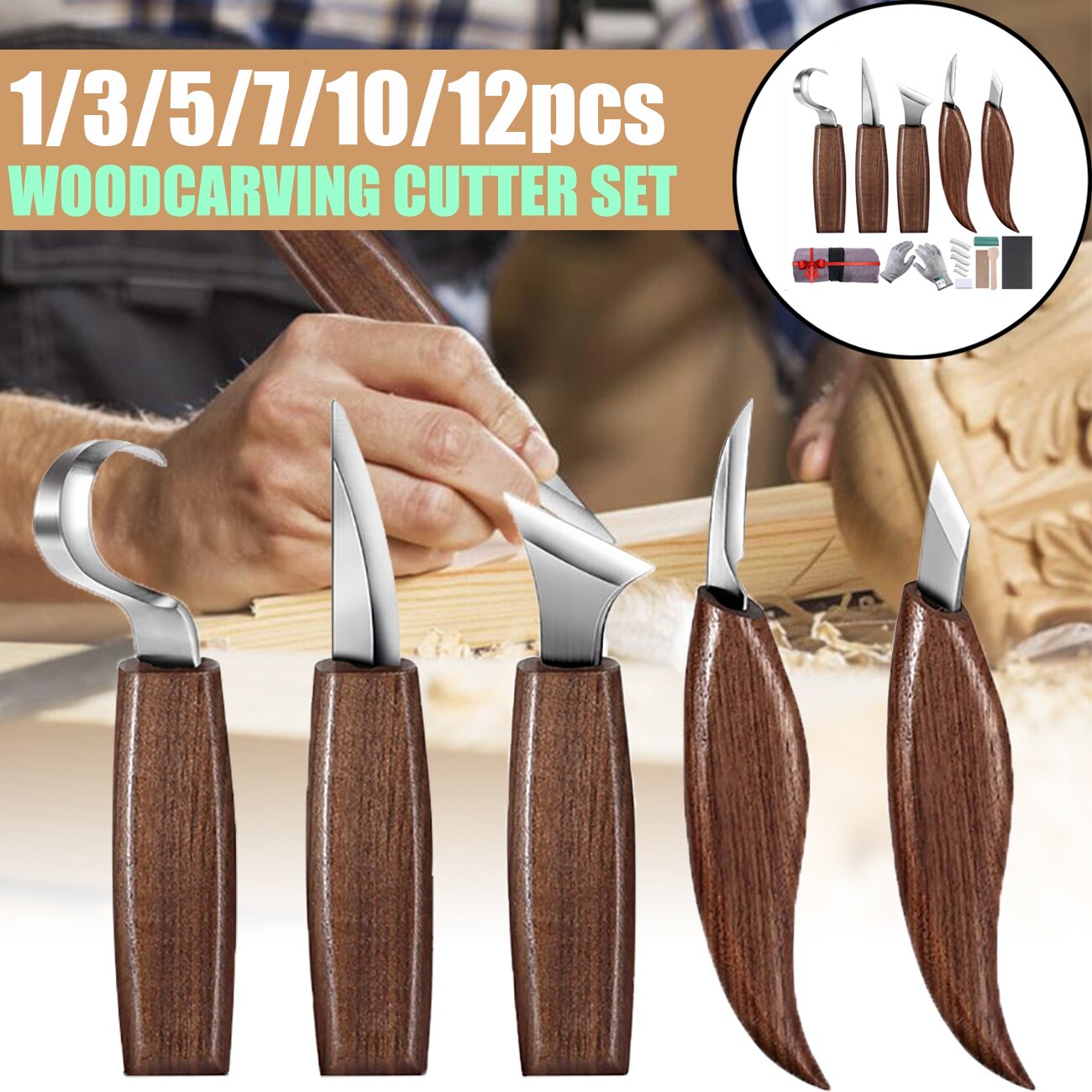 1 / 3 / 5 / 7 / 10 / 12 walnut woodworking knife hand tool set wood carving knife DIY peeling wood carving spoon carving knife