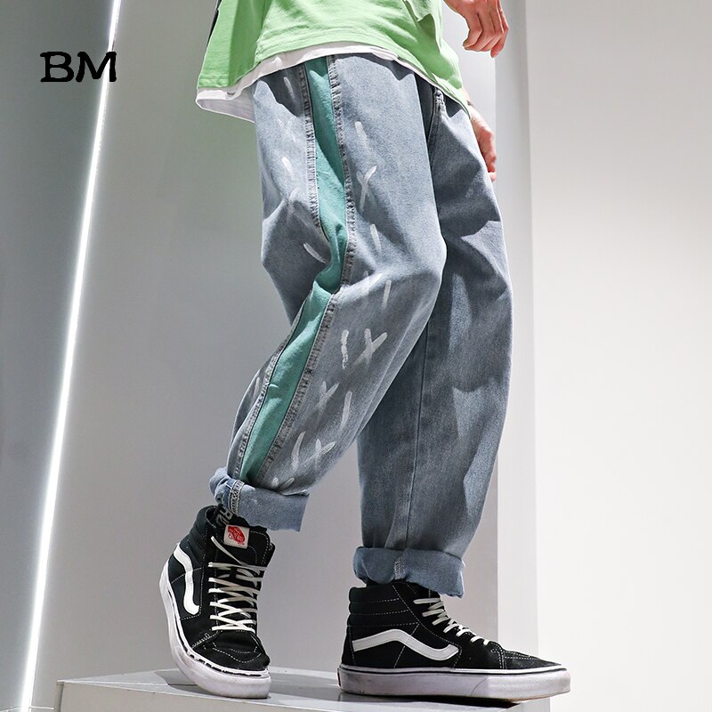 Hip hop graffiti ripped jeans stribede lige bukser uomo japansk streetwear kpop koreansk denim cargo bukser mænd