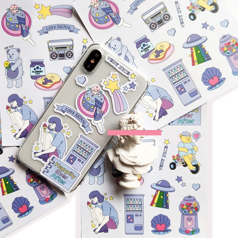 Purple fresh graffiti Rainbow bear Sticker DIY Scrapbooking happy girl Junk Journal Stationery toy seal Decoration sticker