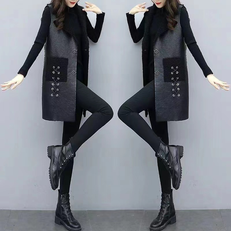 Gilet in pelle PU female2024autunno inverno nuovo gilet lungo giacca senza maniche spessa di alta qualità donna Top Overwear di grandi dimensioni