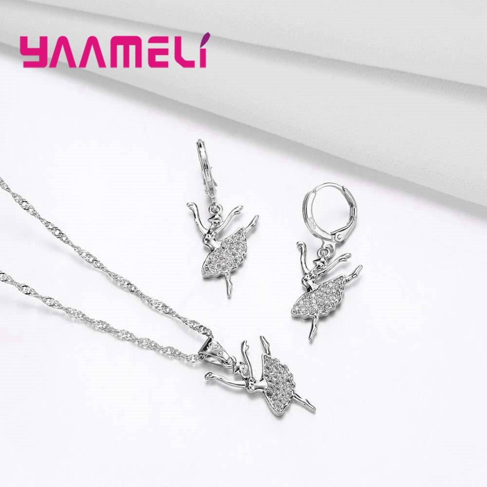 Yaamel Elegante Danser 925 Sterling Zilveren Ketting Oorbellen Set Shiny Zirconia Vrouwen Vrouwelijke Engagement Sieraden