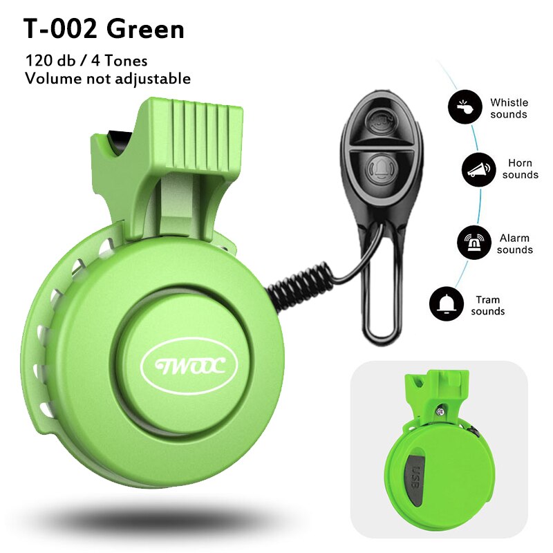 Timbre de bicicleta eléctrico IP65, claxon para bicicleta eléctrica, resistente al agua, recargable por USB, 120dB, 4 modos, accesorios para bicicleta: T-002 Green