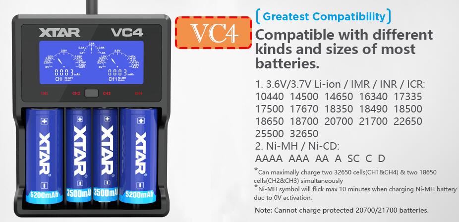 XTAR VC2 VC2 plus VC4 VC2S Colorful VA LCD battery charger for 10440/16340/14500/14650/18350/18500/18650/18700/21700/20700/17500: VC4