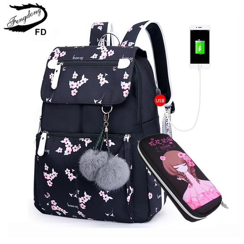 Fengdong-mochila escolar floral para niños, mochilas de escuela para niñas, estudiantes y niñas, pluma bonita, Juego de lápices: flower