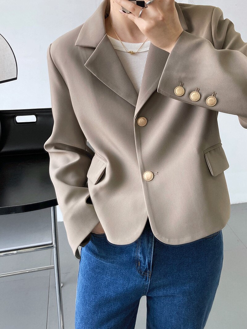 Solid Gold Button Detailed Lapel Button Up Crop Blazer Blue / Khaki Spring Women Short Jacket: Oat Color / M