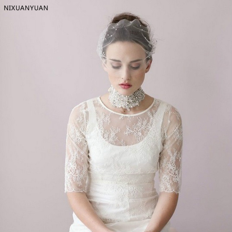 Beautiful Wedding Hat Veils Tulle Adult Bride Hats With Pearls Bridal Short Face Veil Lace Hat