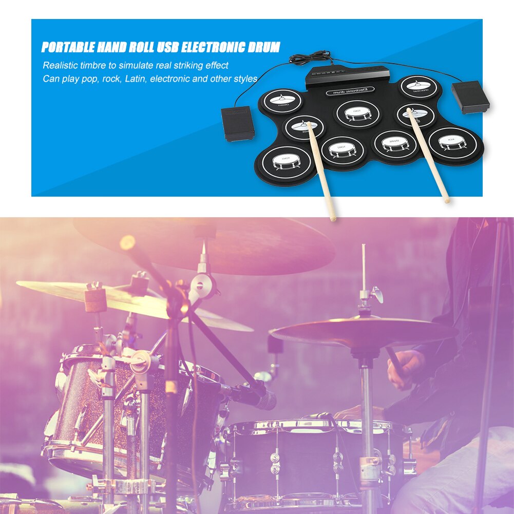 Portable Electronic Drum Digital USB 7 Pads Roll up Drum Set Silicone Electric Drum Pad Kit With DrumSticks Foot Pedal