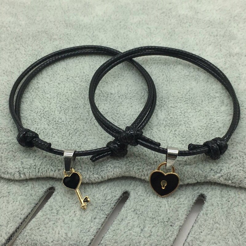 2 unids/lote , pulsera de pareja, llave de aleación, candado de corazón, pulsera, joyería hecha a mano, pulsera de cuerda, para amantes de las mujeres: 2