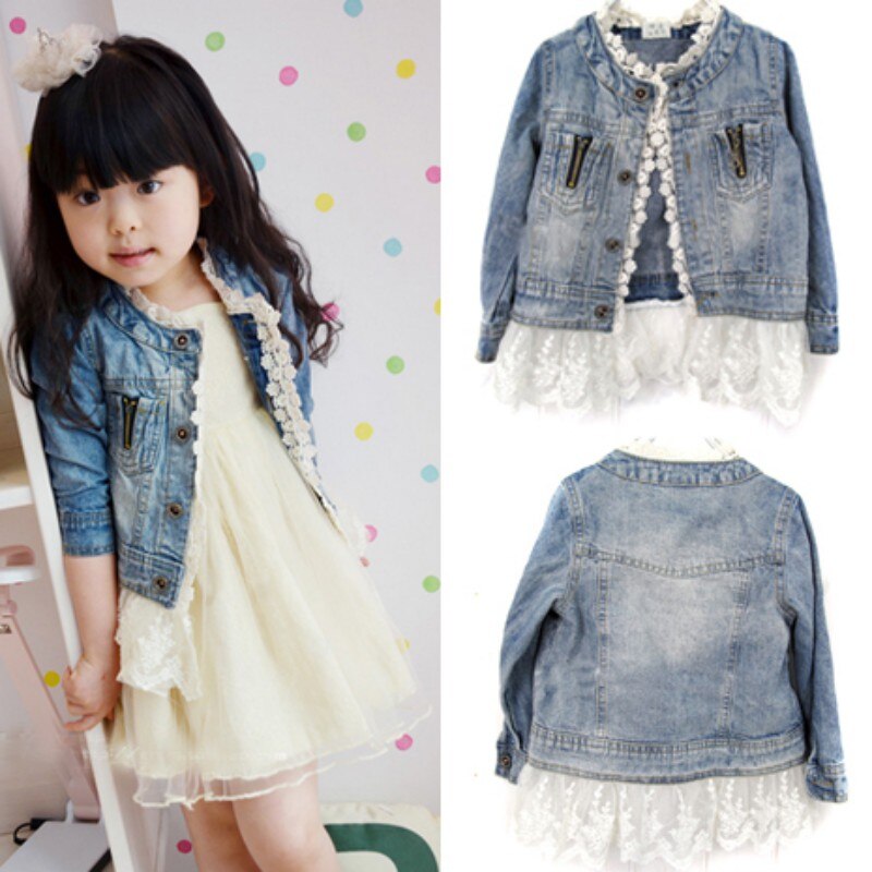 Kids Kant Denim Jas Lente Lace Cowboy Jacket Denim Top Button Jean Jas Lange Mouw Pak Suits Kinderkleding