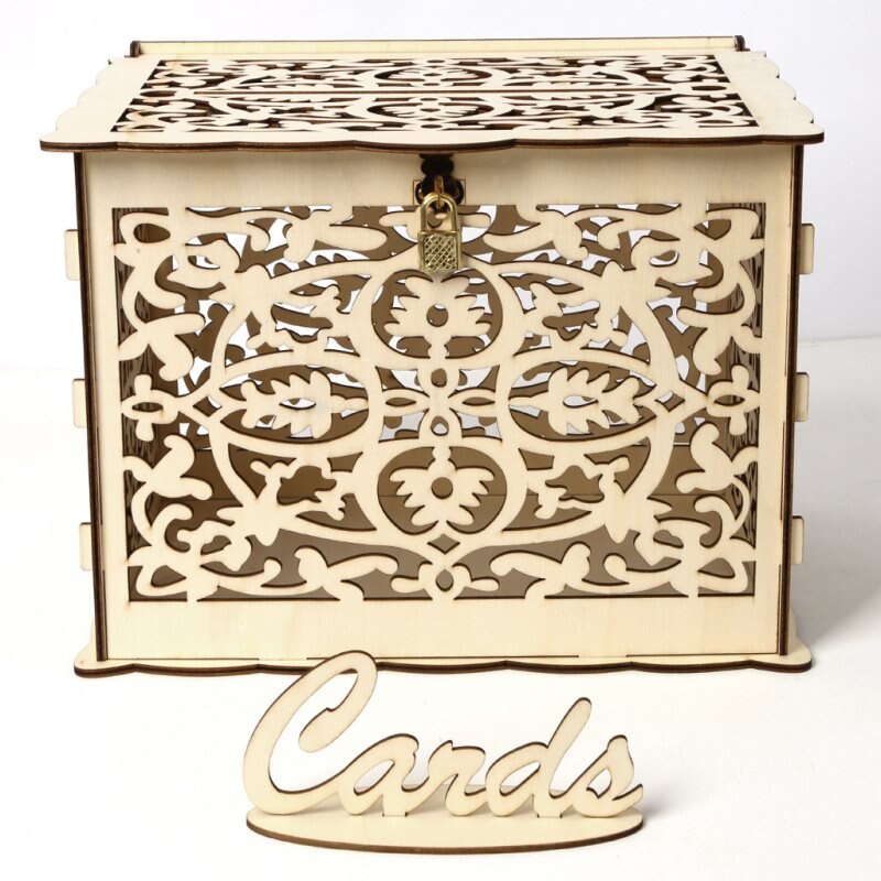 1PC Wedding Card Boxes Wooden Box Wedding Supplies DIY Couple Flower Pattern Grid Business Card Wooden Box S/L