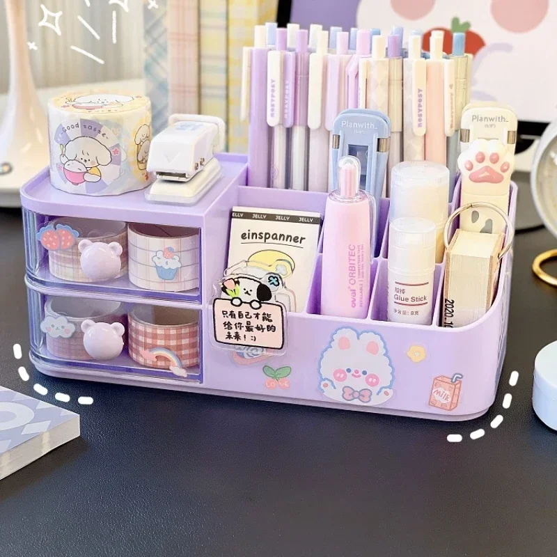 Kawaii caixa de armazenamento de mesa organizador bonito urso lidar com gaveta tipo organizador de mesa multi-grade caneta titular com adesivos kawaii