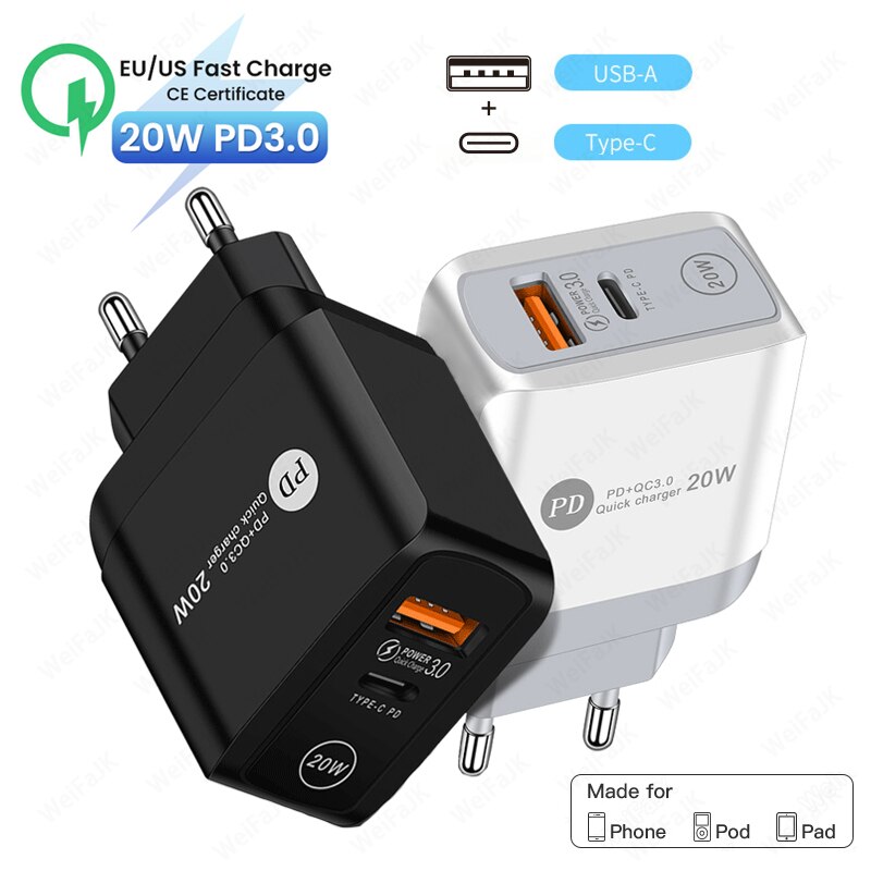 Charge rapide d'origine Apple 20W QC 3.0 PD pour Apple iPhone 12 11 Pro Max Xiaomi Samsung Usb Type C chargeur rapide adaptateur de chargeur de téléphone de voyage