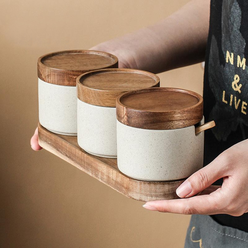 Kitchen Ceramic Jar Porcelain Seasoning Container Clay Condiment Storage Bottle Pottery Can for Salt Sugar Spice with Spoon Lid