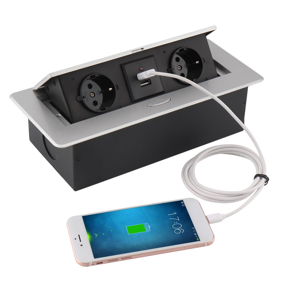 Practical Silver Round Side Desktop Conference Table Pop-Up Socket 2 Outlets Plug + 2USB Inserts Multipurpose Sockets EU Plug