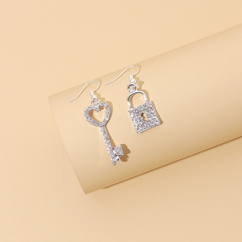 Coréen luxe coeur clé serrure pendentif boucles d'oreilles pour femme asymétrique brillant déclaration bijoux mariage Cocktail fête: Default Title