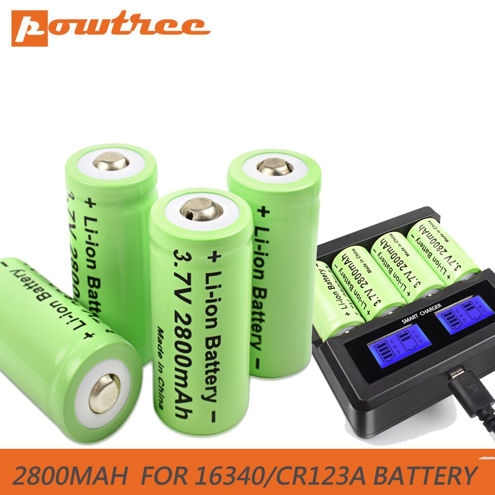 Powtree Cr123a 16340 Rcr 123 Icr Batterij 2800Mah 3.7V Li-Ion Oplaadbare Batterij Voor Arlo Security Camera