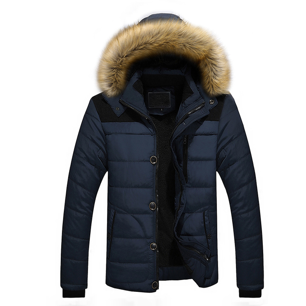 Män vinter parkarockar utomhus varm tjock jacka päls huva kappa jacka solid dragkedja mansrock herrkläder: Blå / Xxl