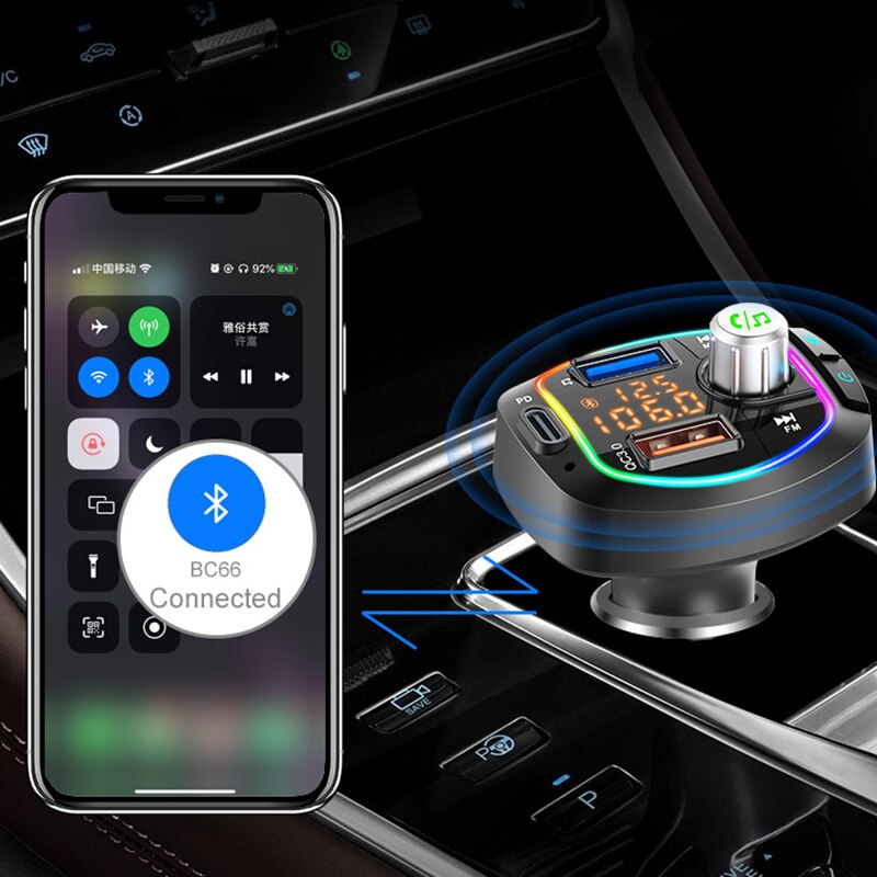 Car Bluetooth 5,0, transmisor inalámbrico de FM, con USB Dual, salida PD3.0, compatible con USB y tarjeta TF, reproductor MP3 BC66