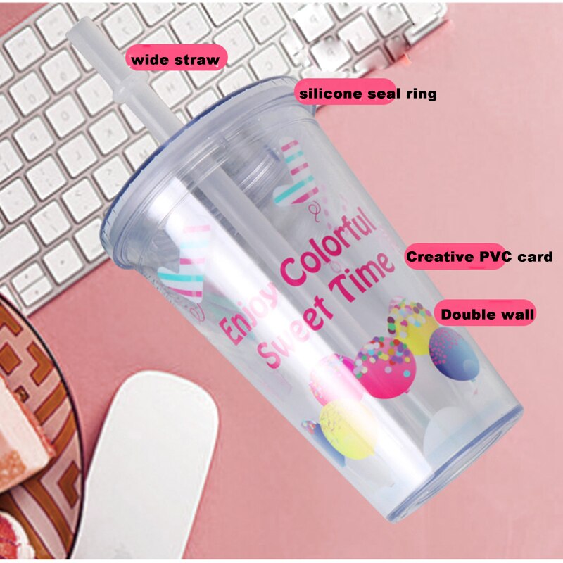 Vaso de té de burbujas portátil, vaso con paja, vaso de plástico reutilizable para té de burbujas, Boba, 500ml