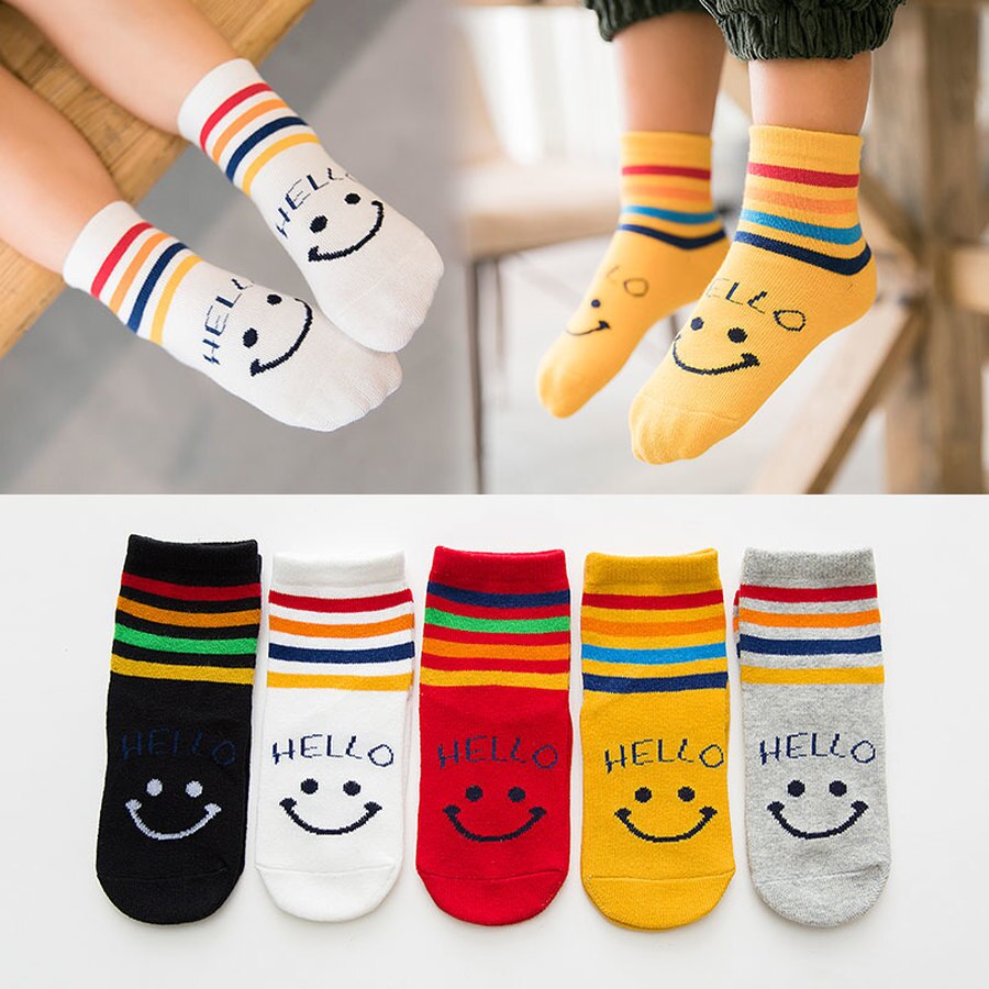 Calcetines a rayas con letras para niños, medias de rayas de algodón suave sin costuras antideslizantes para niño niña, 5 par/lote