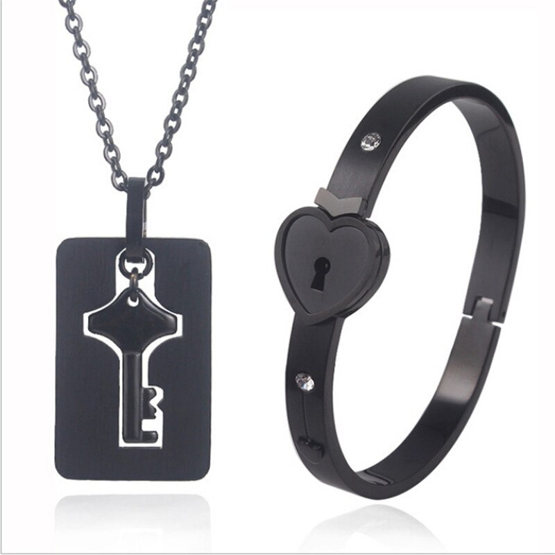 A Couple Lovers Jewelry Love Heart Lock Bracelet Stainless Steel Bracelets Bangles Key Pendant Necklace Jewelry: D