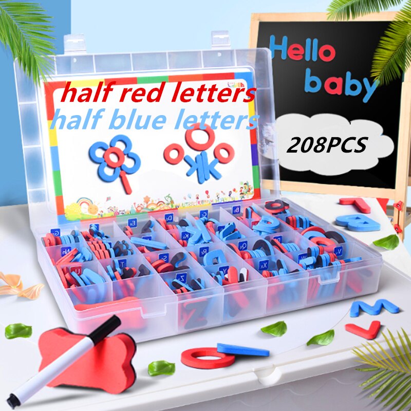 208 stk magnetiske bogstaver store bogstaver alfabetmagneter til køleskab køleskab pædagogisk legetøjssæt: Halv rød halv blå