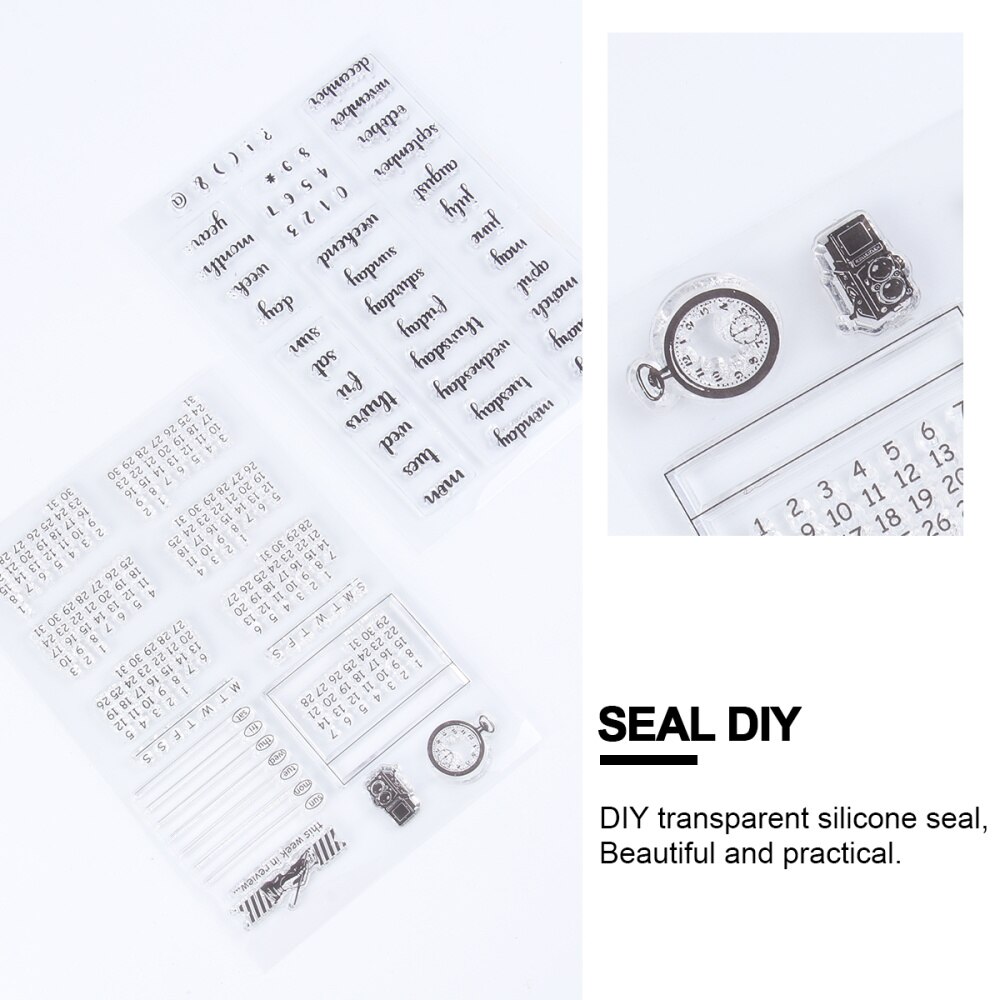 2 Pcs Calendar Stamp Sheets Transparent Clear TPR Seal Decorative Letter Stamps for DIY Scrapbooking Craft Photo Album Di
