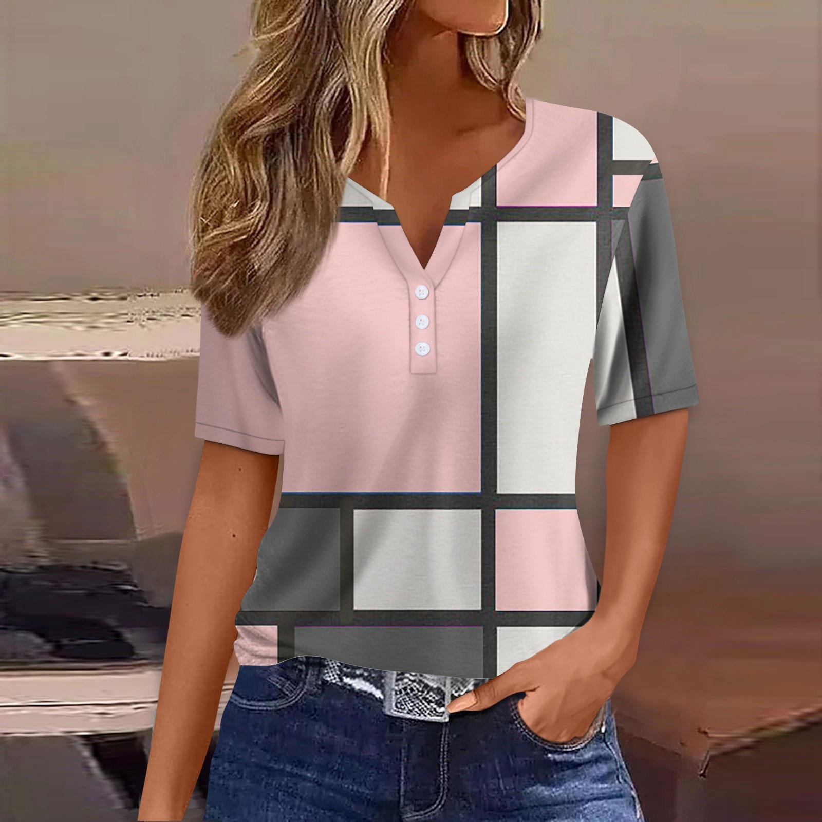 T-shirt à col en V pour femmes, haut décontracté, imprimé rayé, streetwear, t-shirts pour femmes, vêtements d'été,