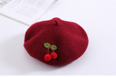 Béret de cerise pour enfants, chapeau pour fille, couleur Pure, mignon, Style japonais, fait à la main, , collection automne hiver, 48-52CM: wine red