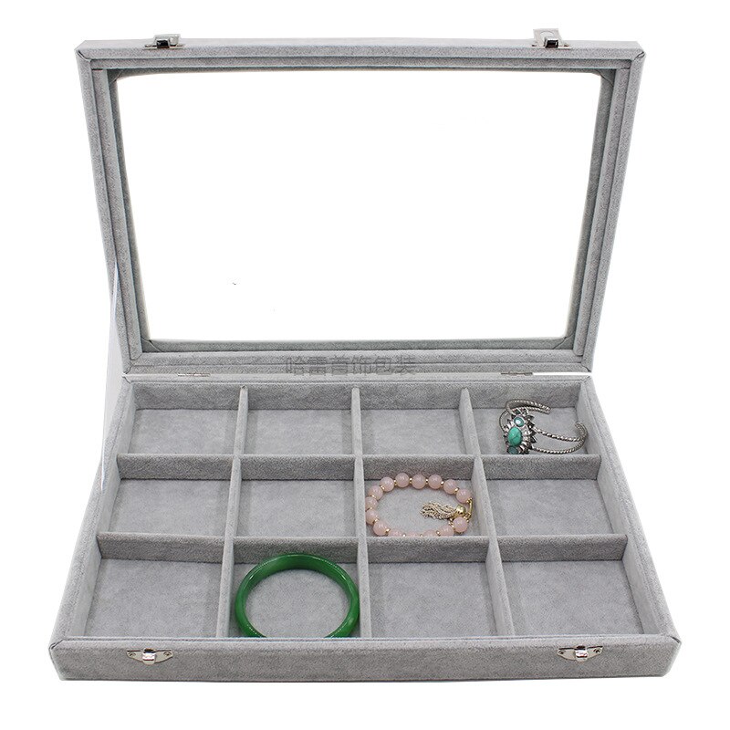 Big Velvet Gray Carrying Case with Glass Cover Jewelry Ring Display Box Tray Holder Storage Box Organizer Earrings Ring Bracelet: style 10