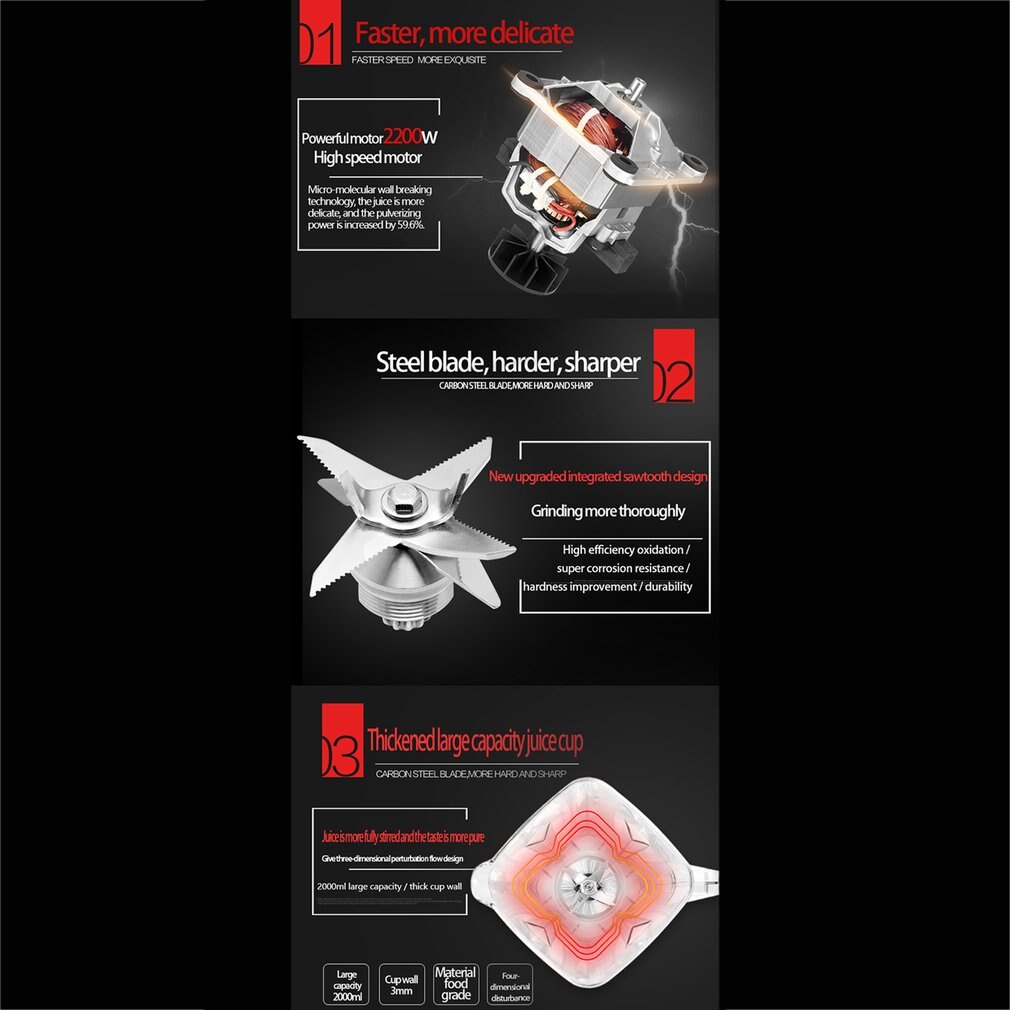 2200W High Speed Blender Mixer with 8 Blade Fruit Juicer Food Processor Ice Crusher Smoothie Machine 2.0L