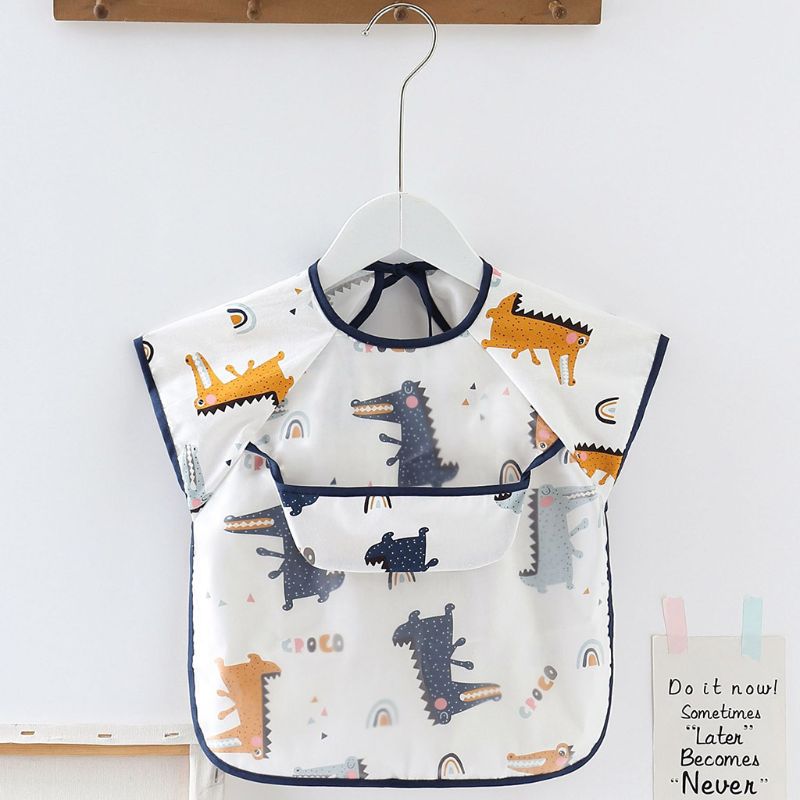 Waterproof Baby Bibs Adjustable Neckline Short Sleeve Apron Kids Feeding Smock