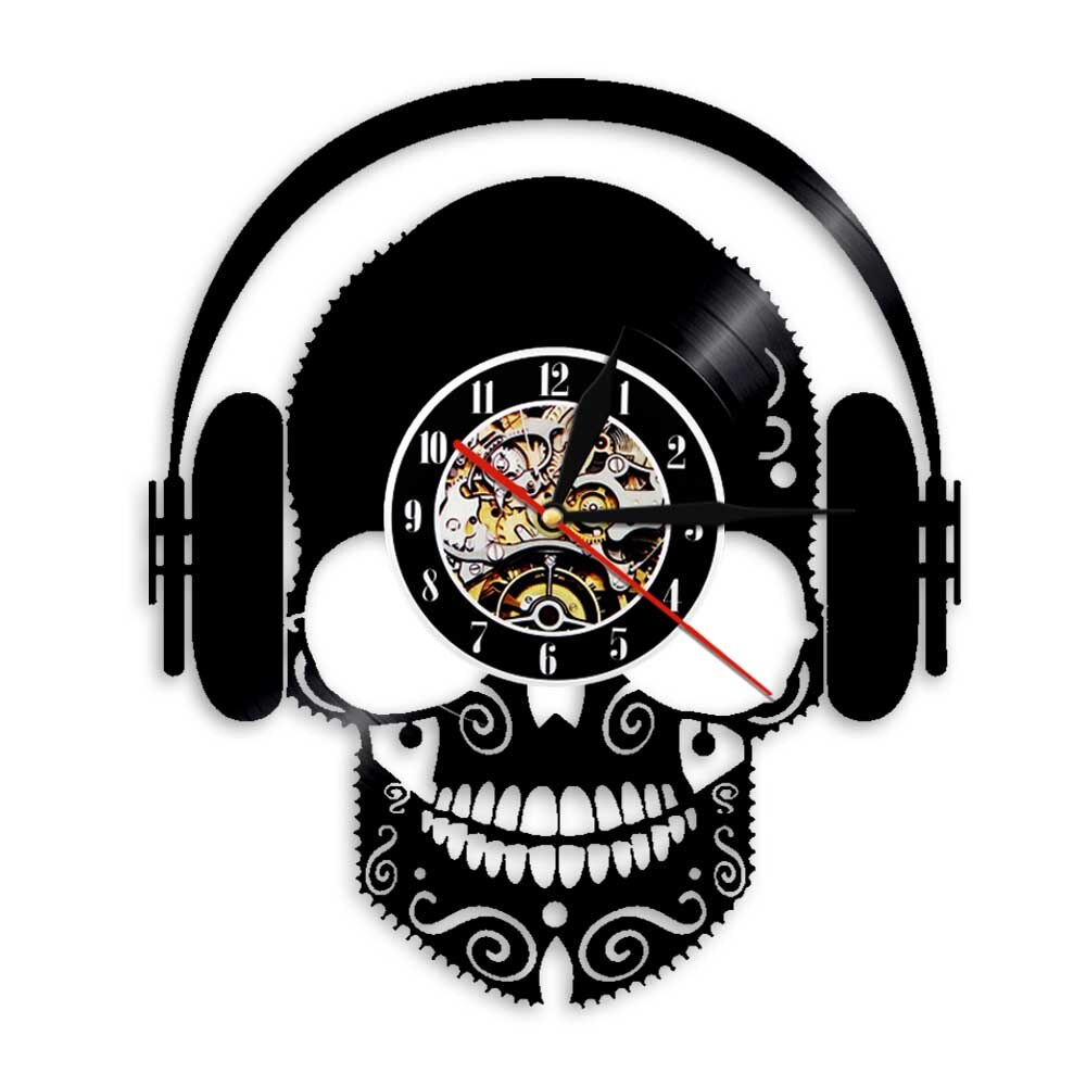 Skull Music Headphones DJ Wall Art Scary Skull Wearing Headphones Home Decor Musical Skull Vinyl Record Wall Clock Wall Watch: Without LED