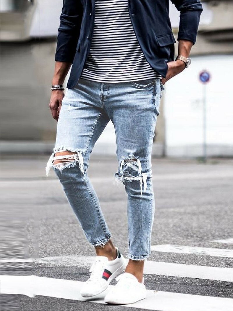 Los hombres de está roto con flecos bajo ajustado Stretch pantalones rasgados vaqueros Pantalon Homme bajo ajustado pantalones Herenkleding: L