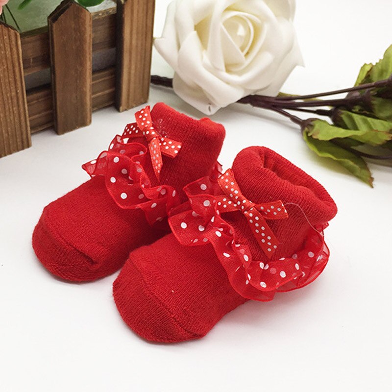 1 Pair Baby Girls Princess Bowknots Socks Lace Floral Baby Socks Infant Toddler Cotton Ankle Bow Socks meia infantil: 0 to 6months red