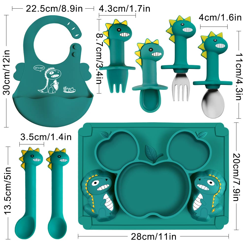 Silicone Baby Zuignap Plaat Slabbetjes Voeden Set Servies Bestek Kinderen Rvs Lepel En Vork Doseren Gerechten Din