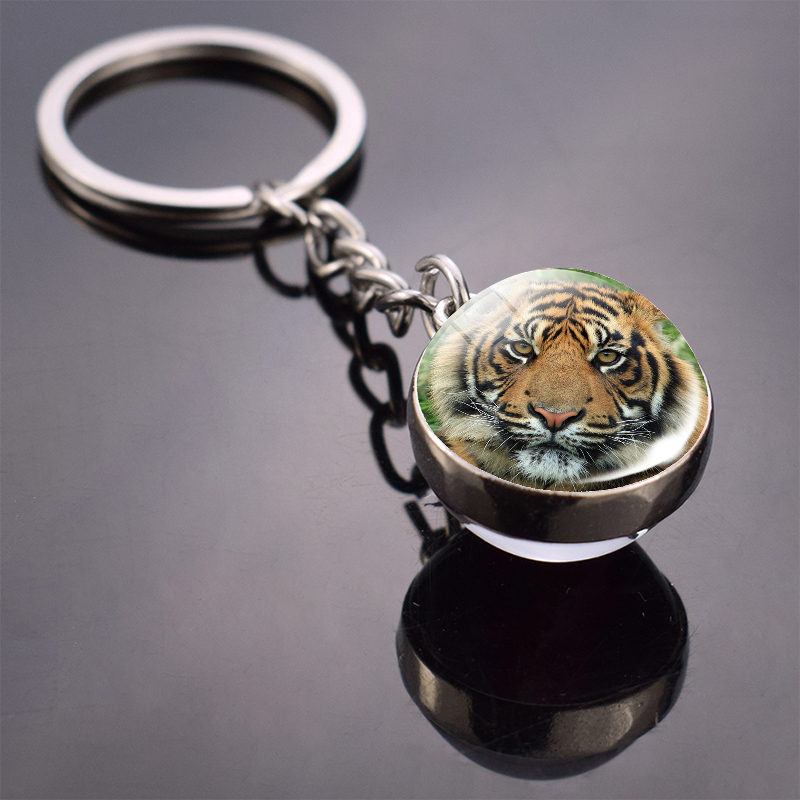 Tiger Keychain Animal Tiger Head Picture Glass Ball Key Chain Ring Keyfob Tiger Jewelry Valentine's: Blue