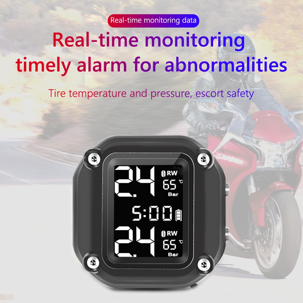 Solar Motorcycle TPMS with Time Display IP65 Waterproof Tire Pressure Tyre Temperature Alarm Monitoring System for Motorcycle