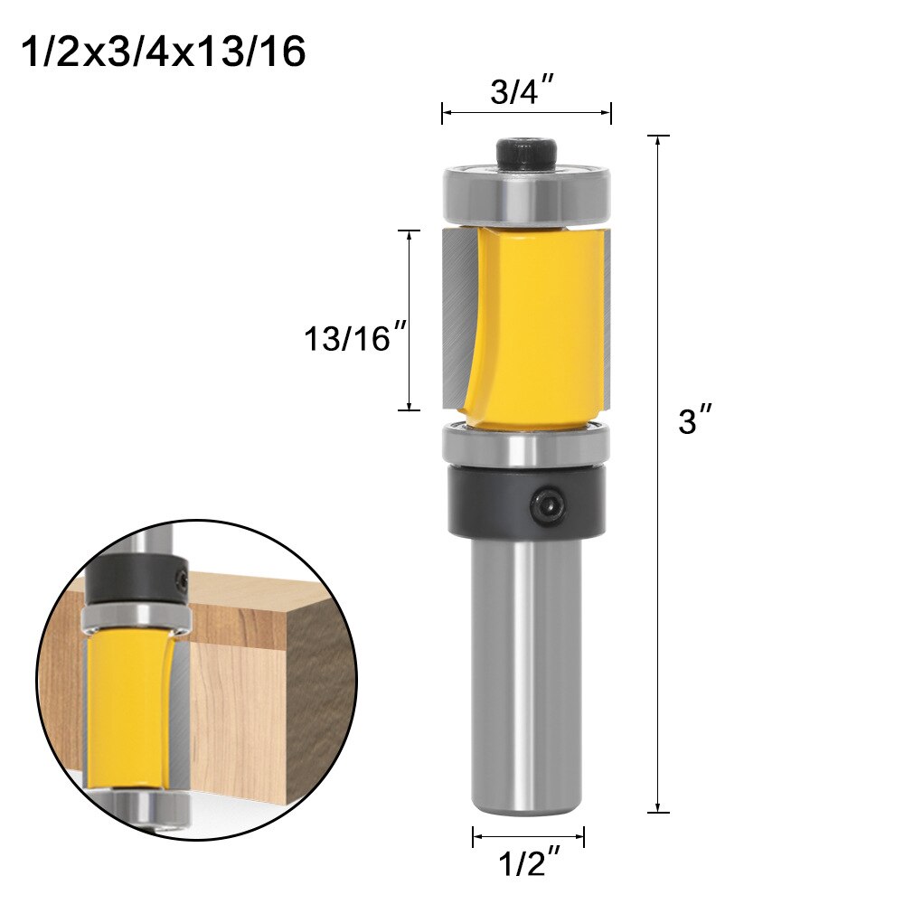 Fresa de mango de 1/2 &quot;, 12,7 MM, 12MM, tallado de madera, enrutador de corte al ras, broca de rodamiento superior e inferior, 1-1/2&quot; H, corte para carpintería, 1 ud.: 01