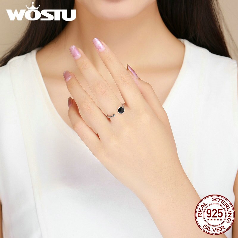 WOSTU 100% 925 Sterling Silver Cool Black Round Open Rings For Women Man Adjustable Ring Christmas Fine Jewelry brincos CSR157