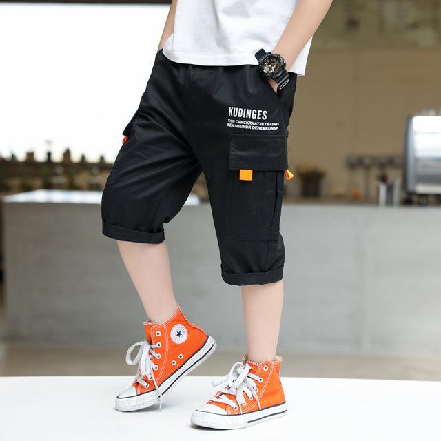 Teenagedrenge shorts bomuld børn cargo shorts med lommer 5 6 7 8 9 10 11 12 13 14 år gammel dreng korte sommerbukser: Sort / 5