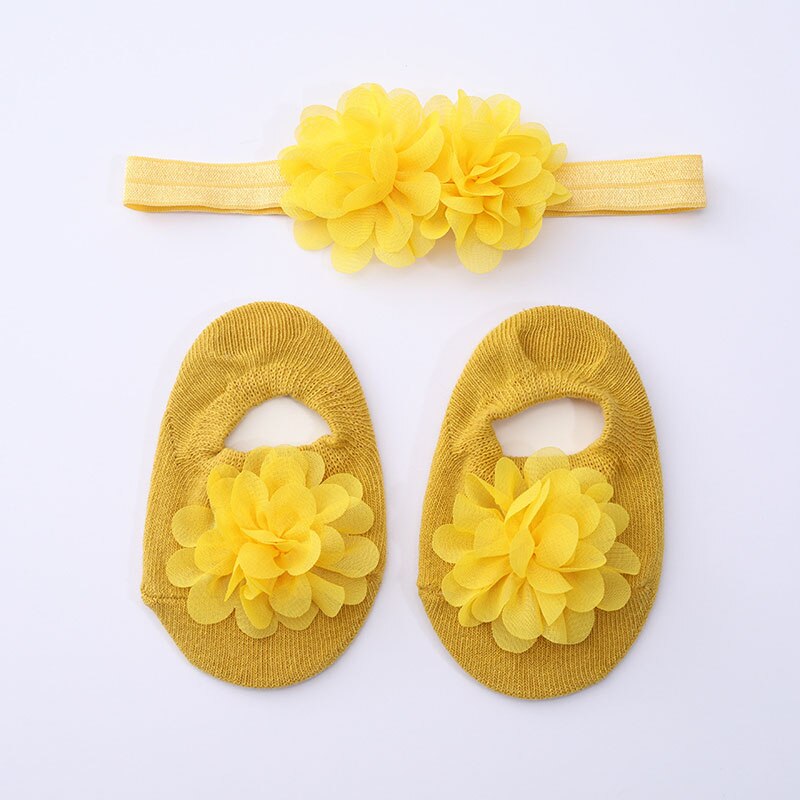 2 Stks/set Baby Meisje Sokken Hoofdband Set Kant Bloem Zoete Prinses Pasgeboren Vloer Sokken Effen Kleur Kinderen Baby Hoofddeksels Sokken: yellow