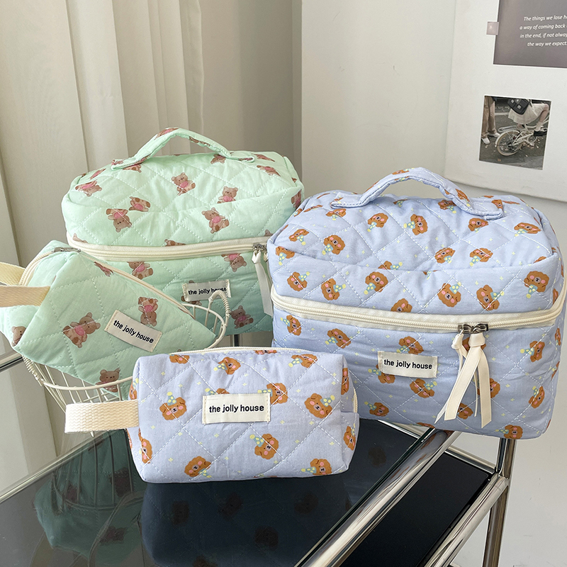 Cartoon Bear Tote Cosmetic Bag Women Quilting Cotton Mini Make Up Orgainzer Storage Pouch Portable Travel Wash Bags
