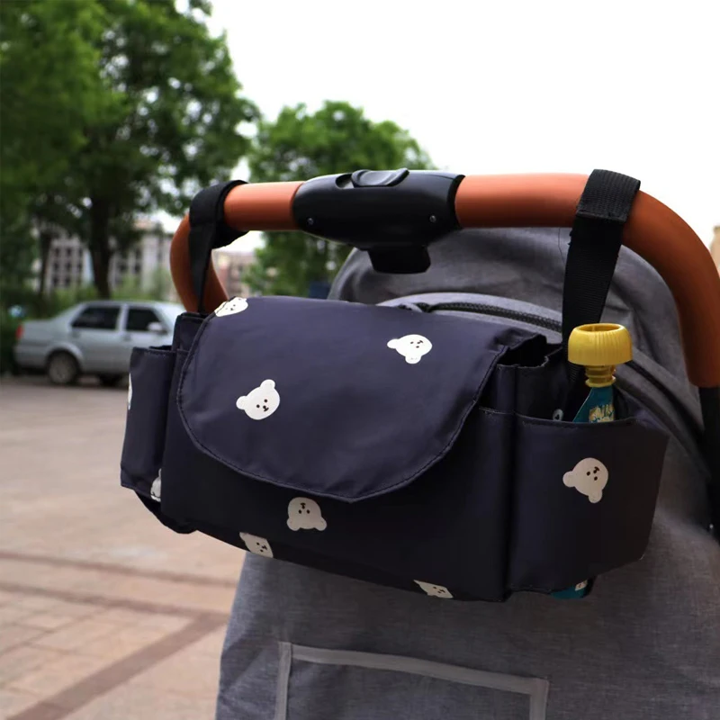 Kinderwagentas, kinderwagen organizer, cartoon flessenhouder, kinderwagen accessoires, hangende opbergmand, opbergtas, mama tas: Bruin