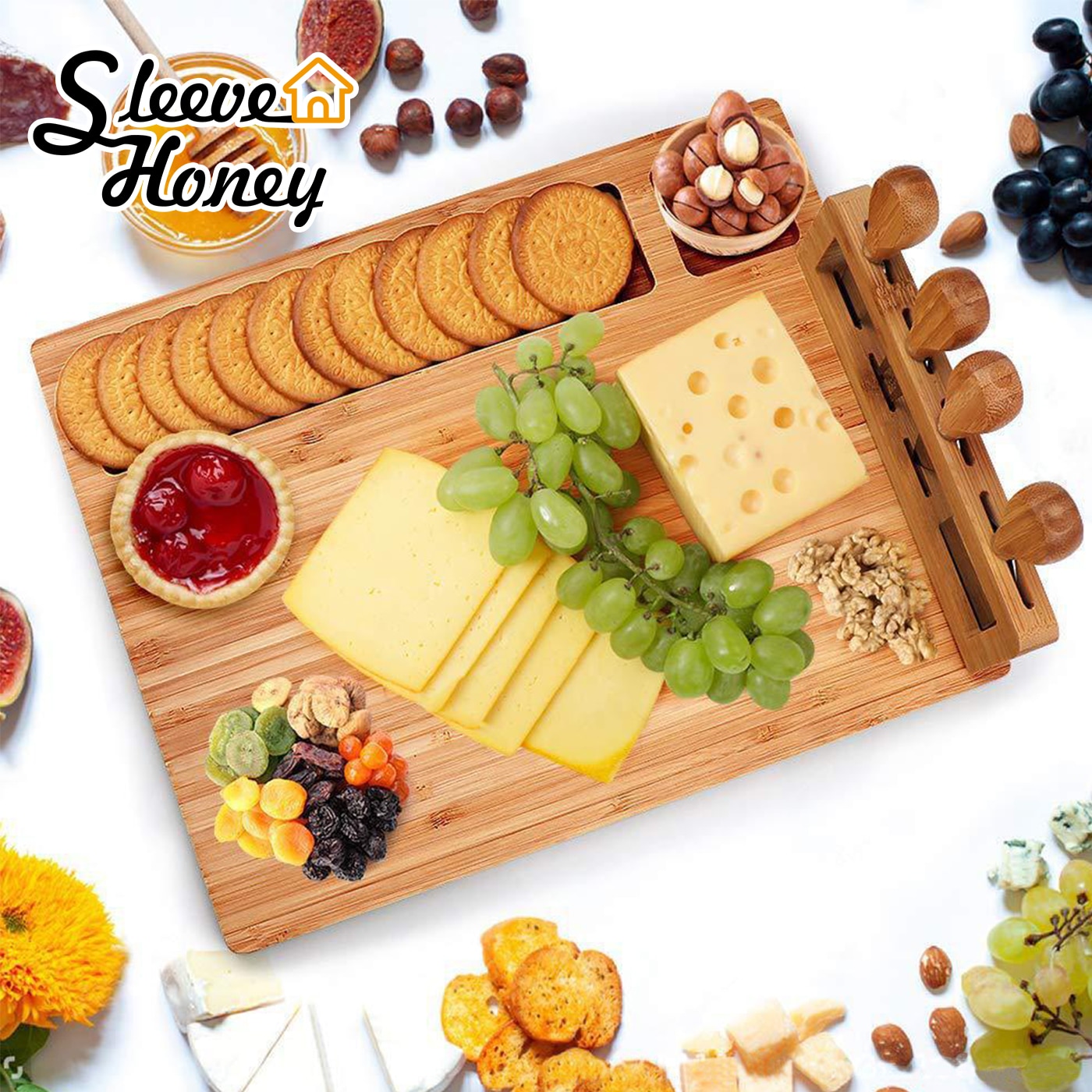 Cheese Board and Knife Set Large Charcuterie Platter Multifunctional Fruit Cheese Dessert Sweet Serving Wine Meat Cheese Tray