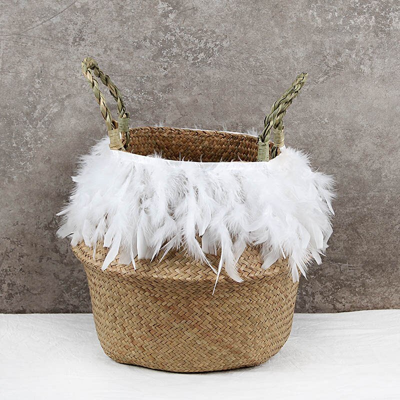 Vævet multifunktionel håndtaske flet kurv søgræs vasketøjskurv naturlig rattan blomsterkurv vase plantehave potte: G