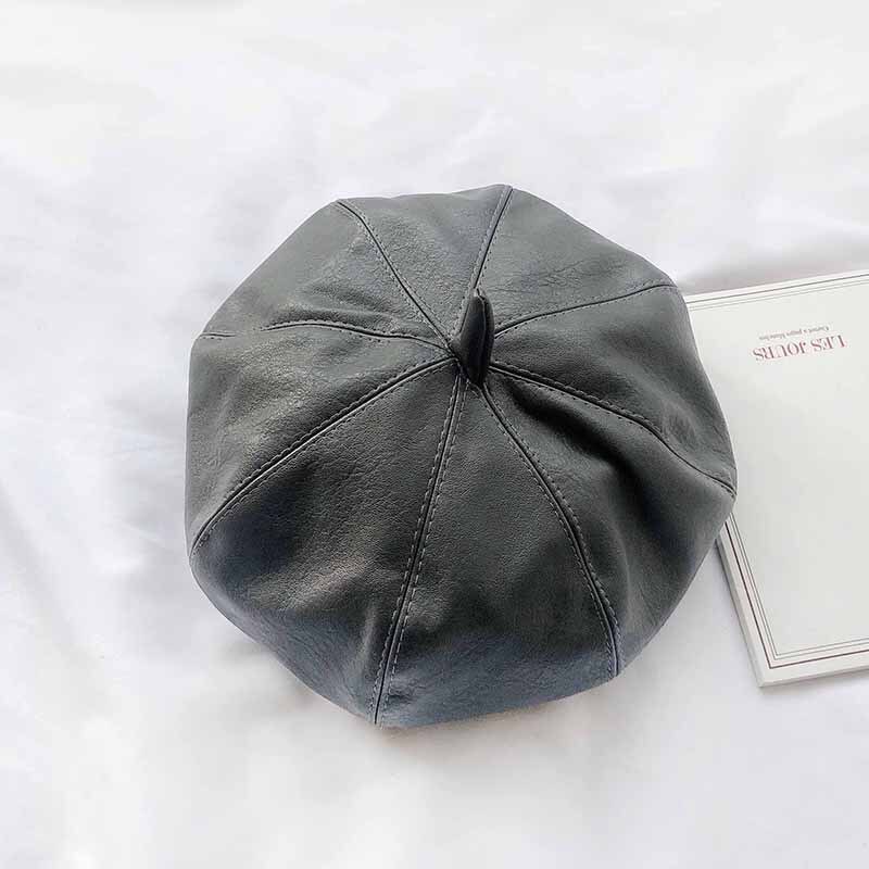 Koreansk efterår og vinter britisk retro baret malers fuld matchende kvindelige pu læder ottekantet maler hat hat: Grå