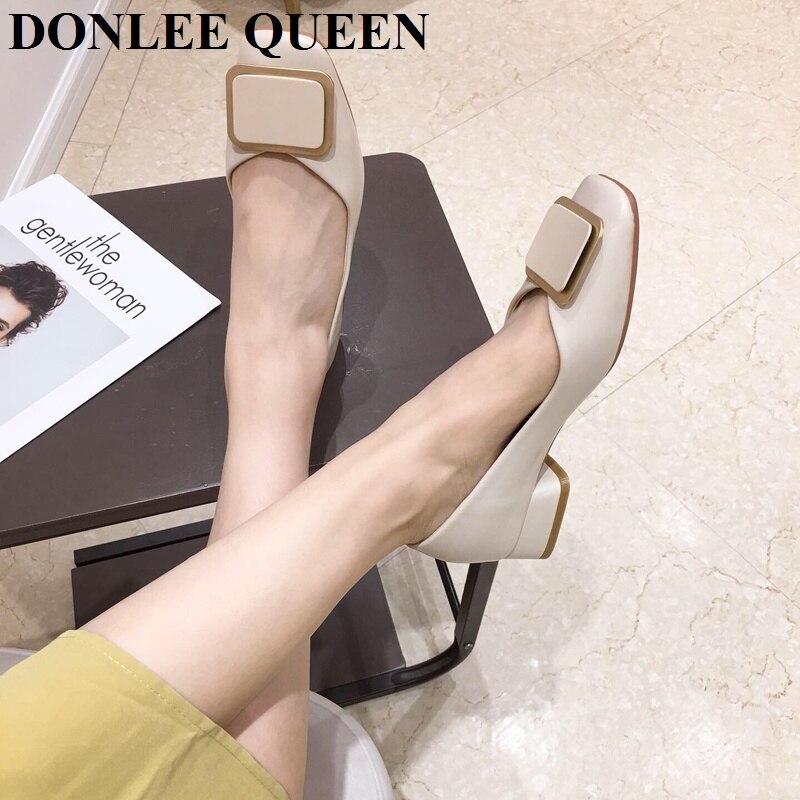 Zapatos planos de bailarina para mujer, bailarinas informales de trabajo, de tacón bajo, mocasines cuadrados con hebilla de Metal
