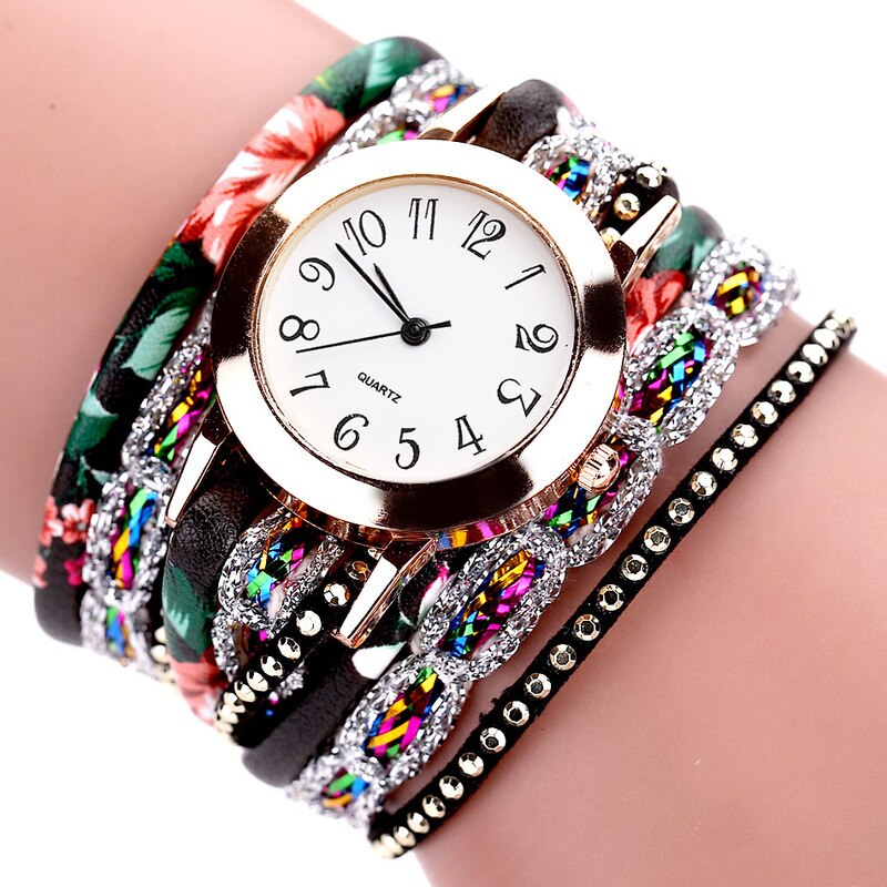 1PCs Vrouwen Mode Quartz Horloge Bohemen Luxe Armband Bloem Edelsteen Horloge Valentine Vintage Gevlochten Armband Horloge